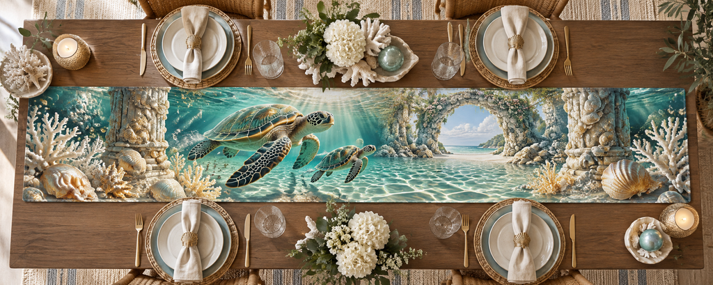 One table runner with original Sea Turtle Pearl Threshold optical-depth print.