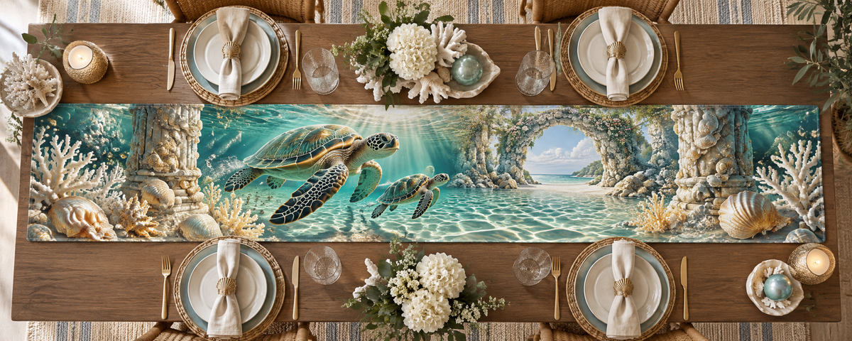 One table runner with original Sea Turtle Pearl Threshold optical-depth print.