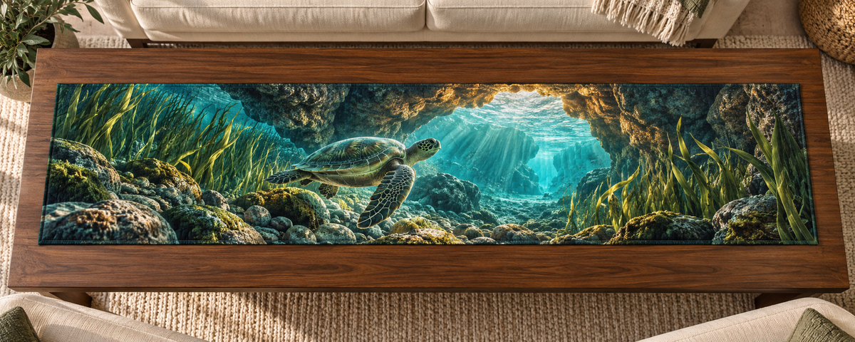 One table runner with original Sea Turtle Willow Grotto optical-depth print.