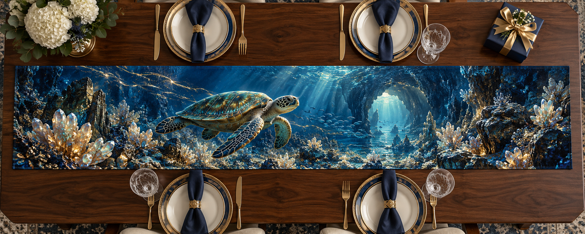 One table runner with original Sea Turtle Sapphire Reliquary optical-depth print.