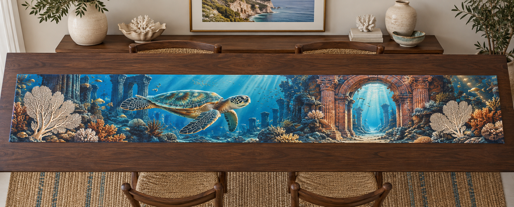 One table runner with original Sea Turtle Terracotta Portal optical-depth print.