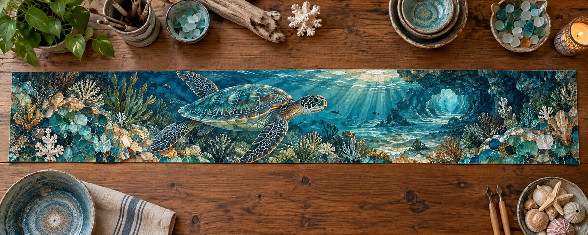 One table runner with original Sea Turtle Atelier Mosaic optical-depth print.