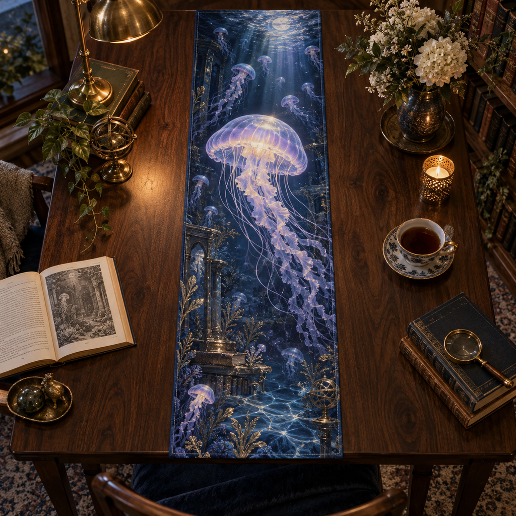One table runner with original Jellyfish Moonlit Library optical-depth print.