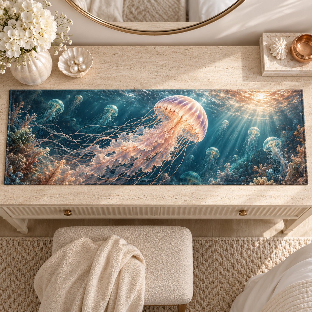 One table runner with original Jellyfish Pearl Aurora optical-depth print.