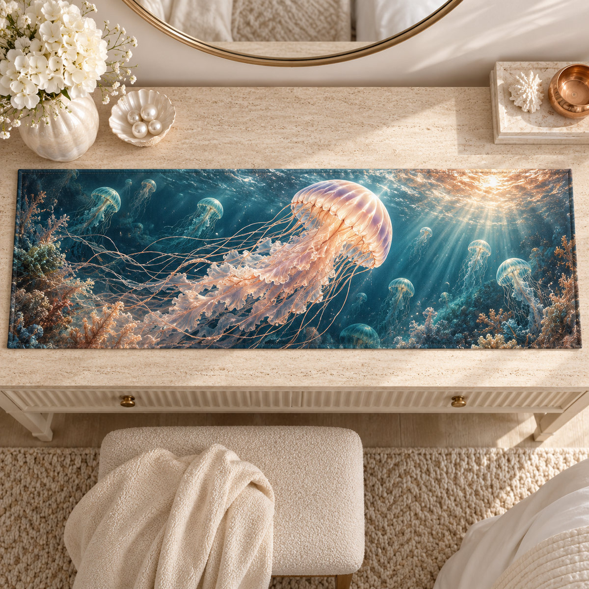 One table runner with original Jellyfish Pearl Aurora optical-depth print.
