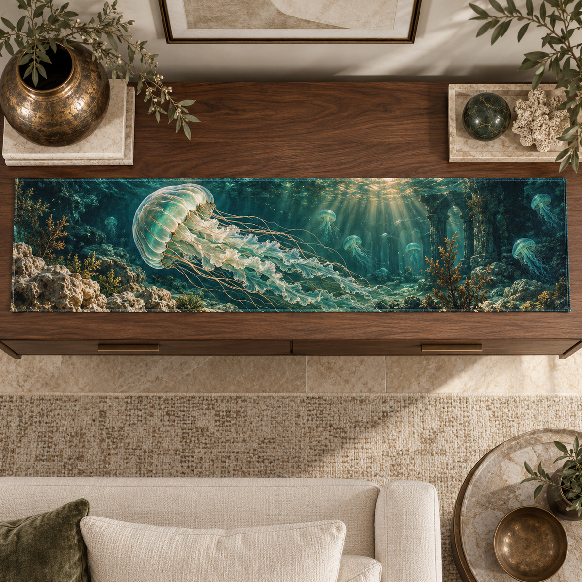 One table runner with original Jellyfish Verdigris Atrium optical-depth print.