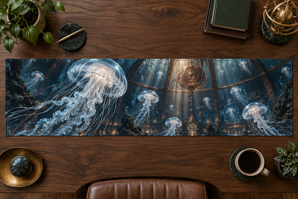 One table runner with original Jellyfish Copper Observatory optical-depth print.