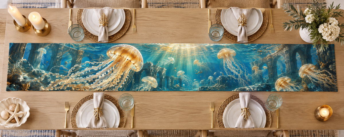 One table runner with original Jellyfish Amber Tidehall optical-depth print.