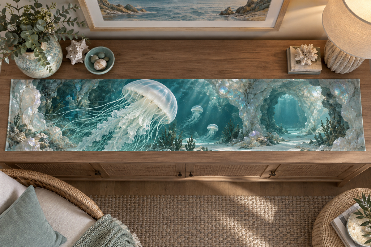 One table runner with original Jellyfish Selenite Cove optical-depth print.