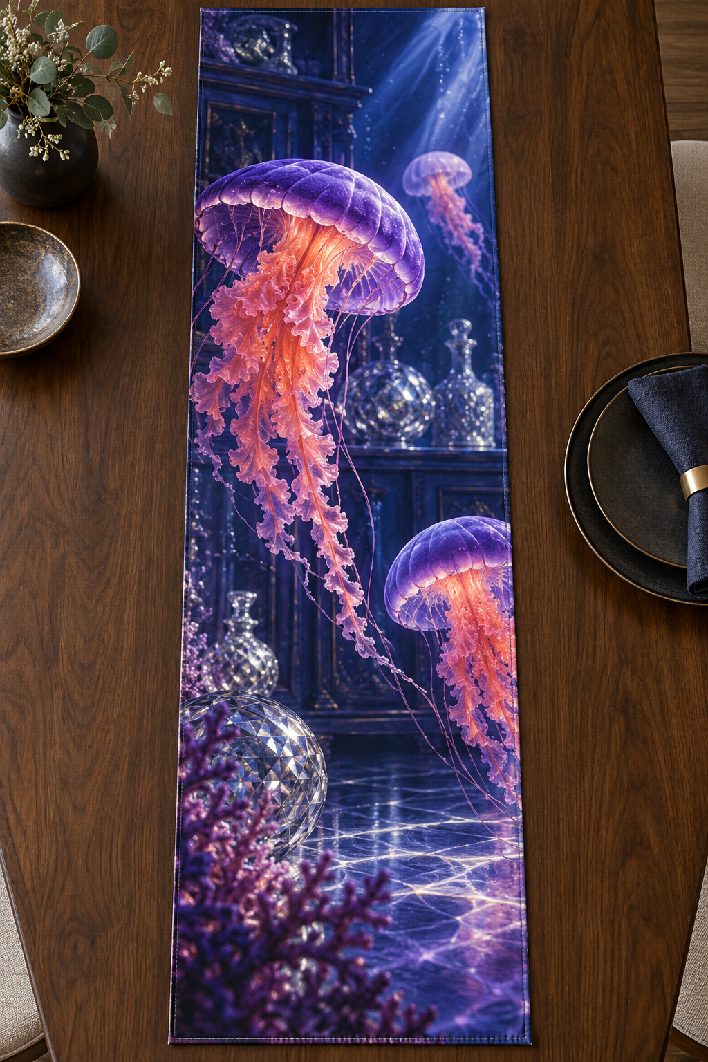 One table runner with original Jellyfish Prism Cabinet optical-depth print.