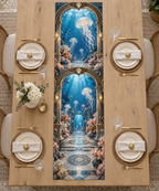 One table runner with original Jellyfish Tidal Triptych optical-depth print.