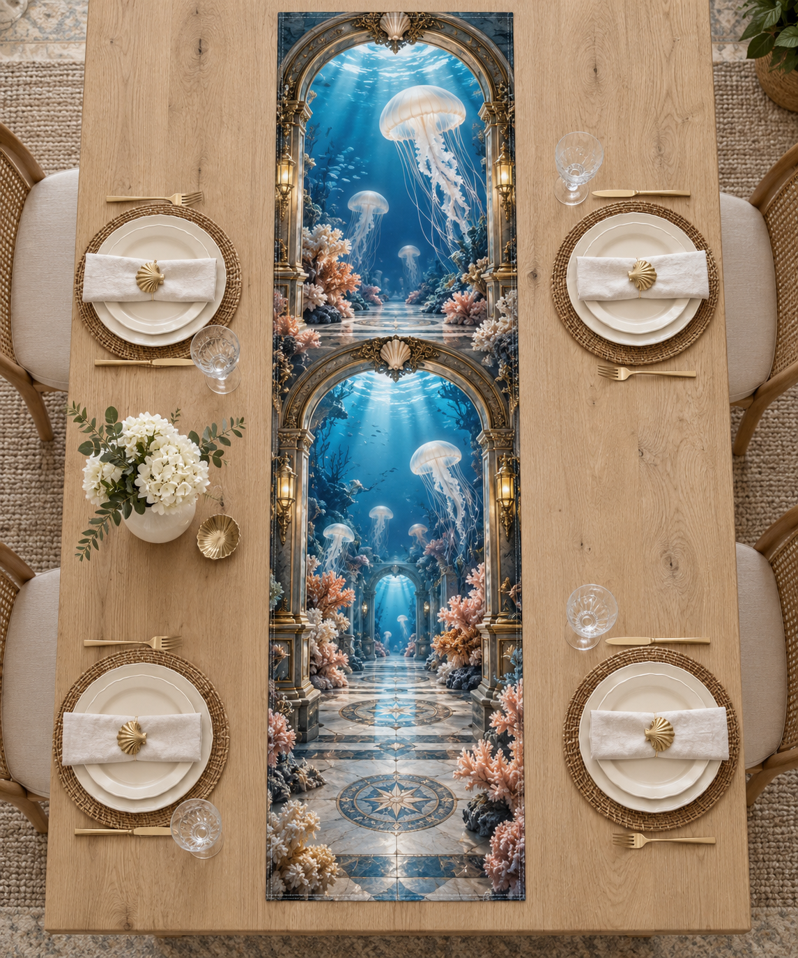 One table runner with original Jellyfish Tidal Triptych optical-depth print.