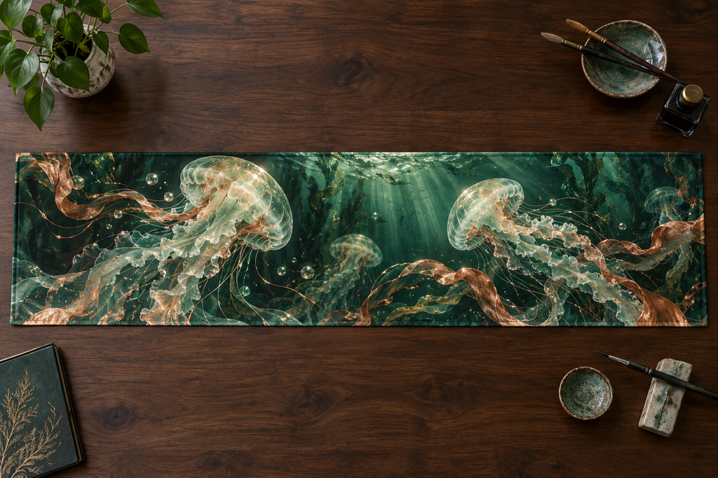 One table runner with original Jellyfish Ink Atelier optical-depth print.