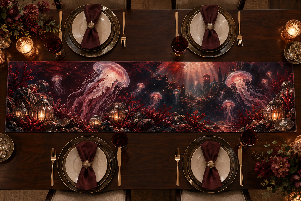 One table runner with original Jellyfish Garnet Lantern optical-depth print.