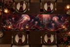 One table runner with original Jellyfish Garnet Lantern optical-depth print.