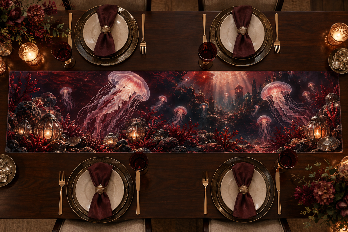 One table runner with original Jellyfish Garnet Lantern optical-depth print.