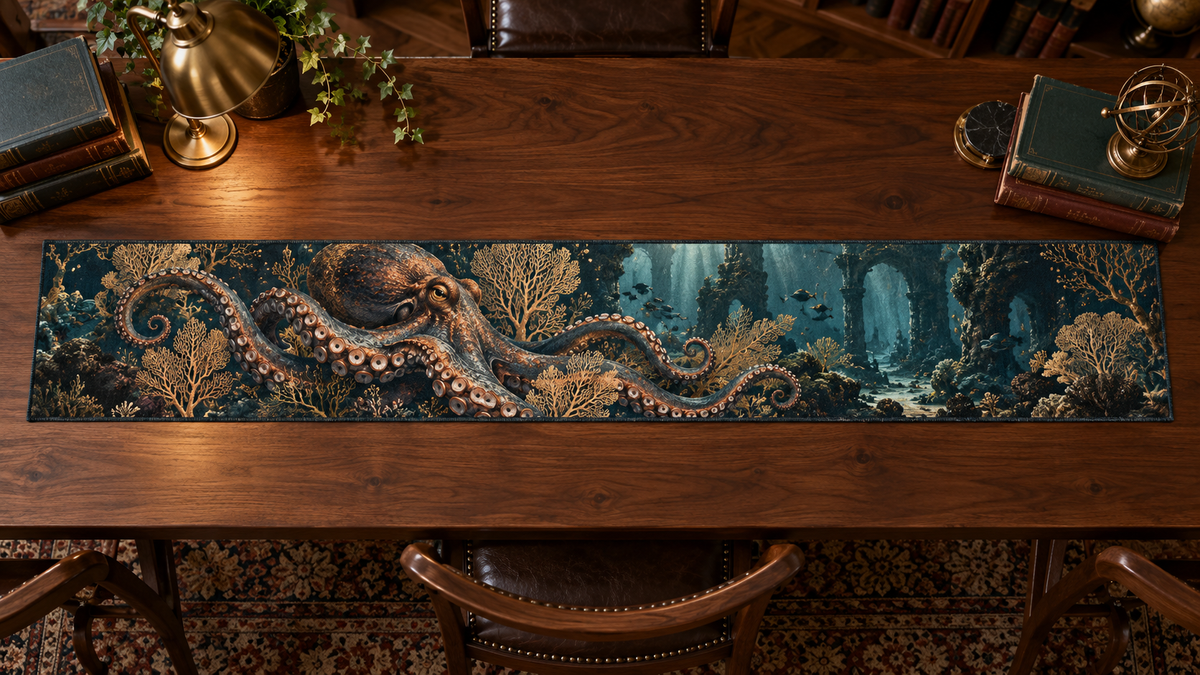 One table runner with original Octopus Library Reef optical-depth print.