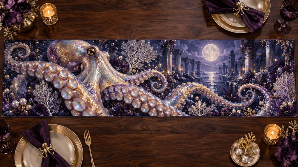 One table runner with original Octopus Opal Nocturne optical-depth print.