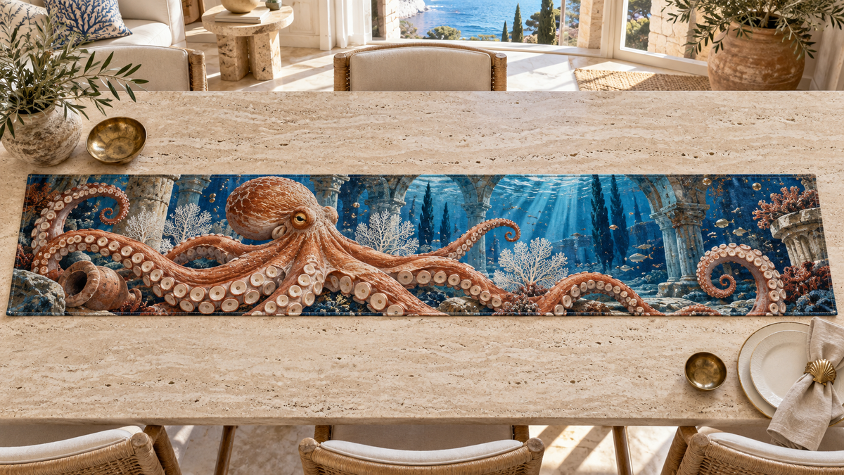 One table runner with original Octopus Terracotta Atrium optical-depth print.