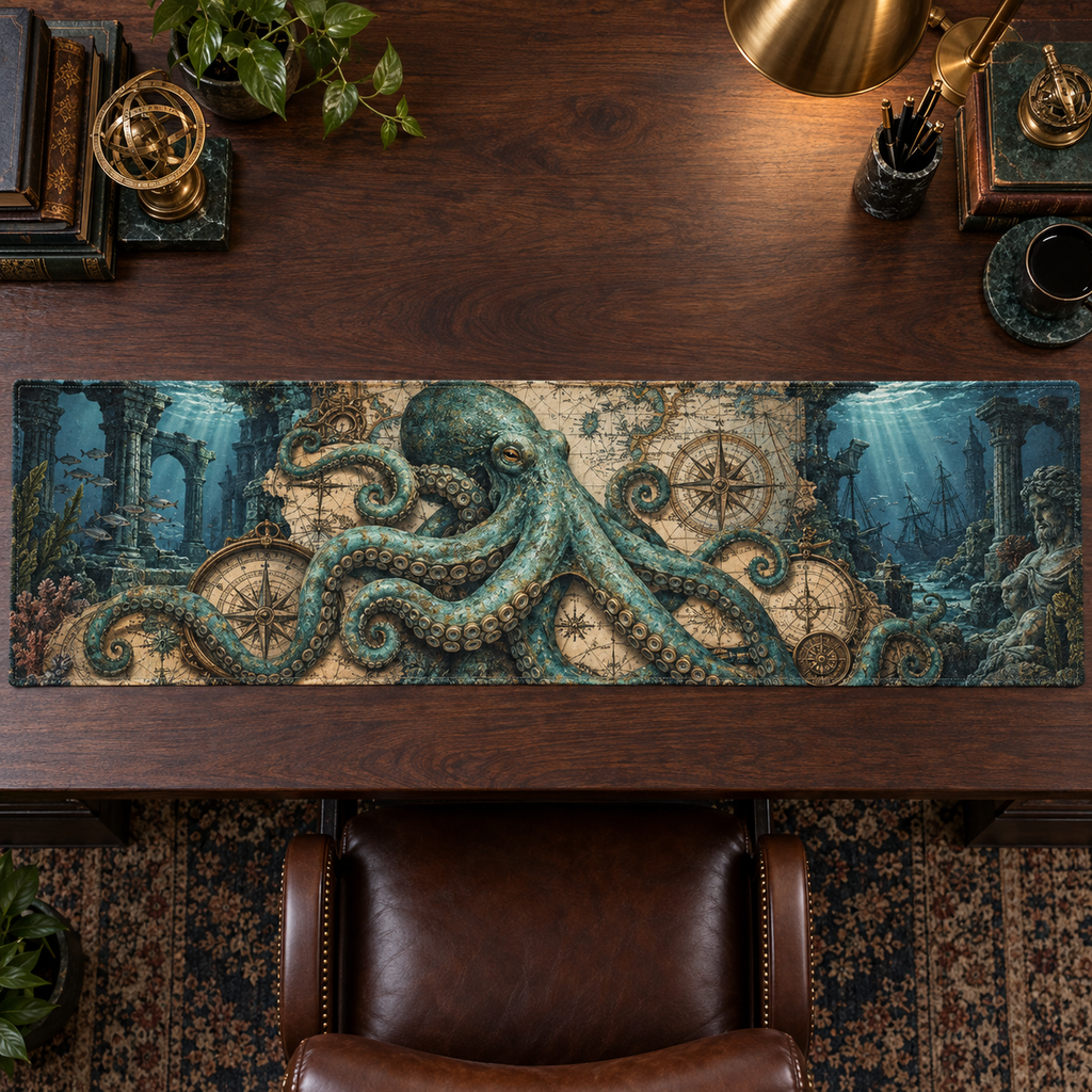 One table runner with original Octopus Verdigris Atlas optical-depth print.