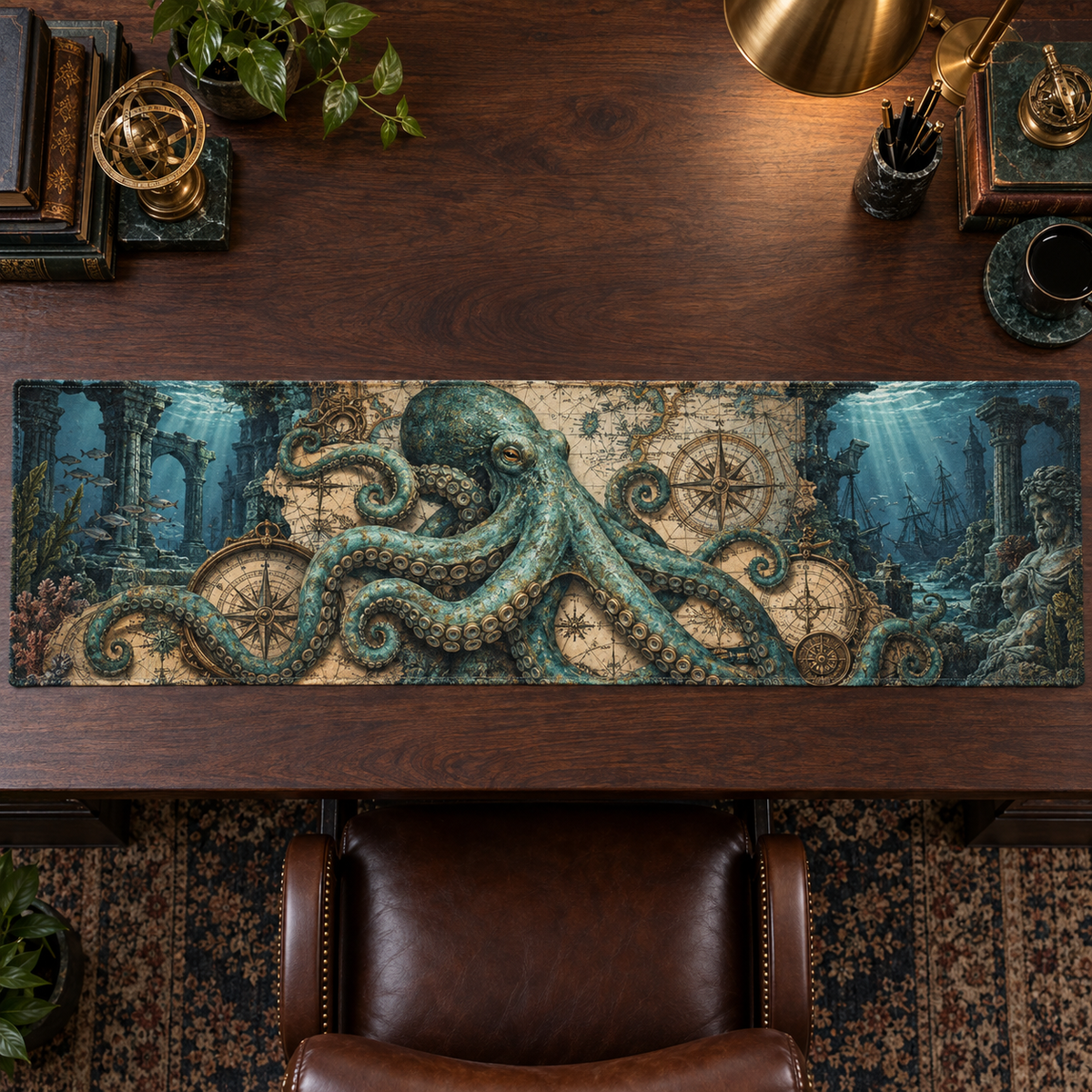 One table runner with original Octopus Verdigris Atlas optical-depth print.