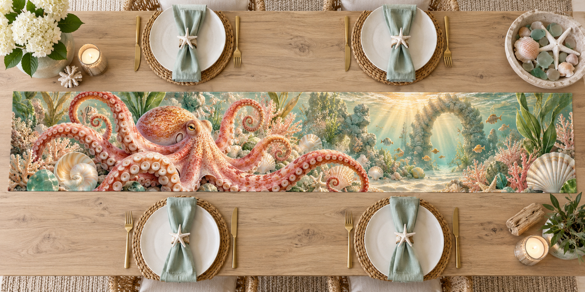 One table runner with original Octopus Sunrise Haven optical-depth print.