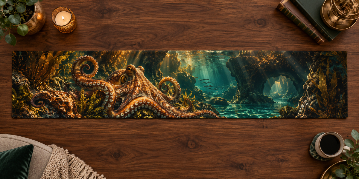 One table runner with original Octopus Amber Grotto optical-depth print.