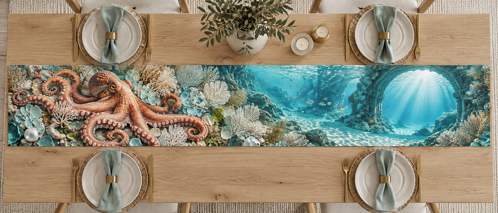 One table runner with original Octopus Sea-Glass Gallery optical-depth print.