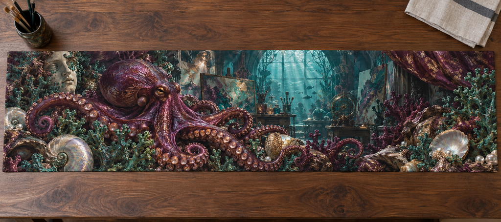 One table runner with original Octopus Verdigris Atelier optical-depth print.