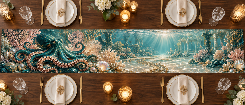 One table runner with original Octopus Golden Lagoon optical-depth print.