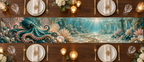 One table runner with original Octopus Golden Lagoon optical-depth print.