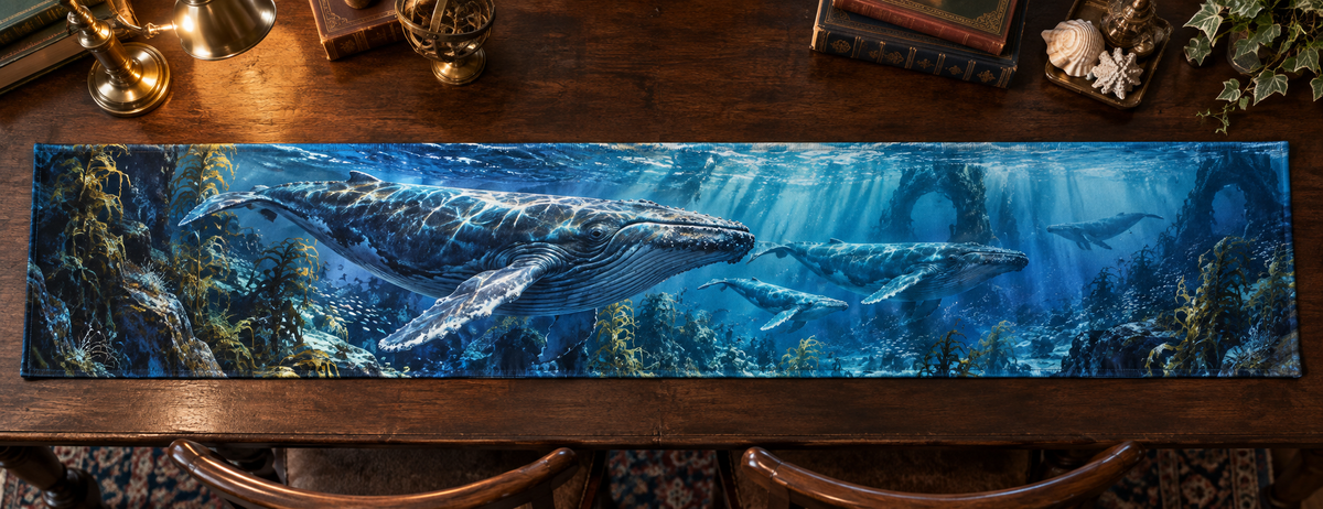 One table runner with original Whale Migration Midnight Library optical-depth print.