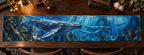 One table runner with original Whale Migration Midnight Library optical-depth print.