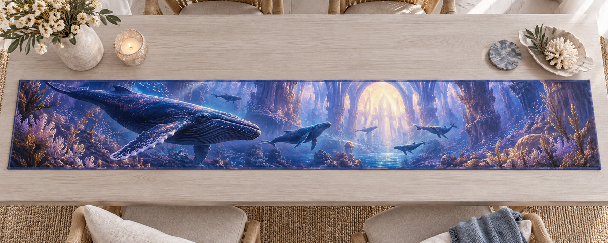One table runner with original Whale Migration Aurora Cathedral optical-depth print.