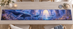 One table runner with original Whale Migration Aurora Cathedral optical-depth print.