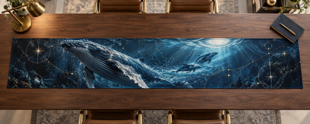 One table runner with original Whale Migration Celestial Current optical-depth print.