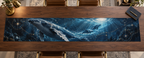 One table runner with original Whale Migration Celestial Current optical-depth print.