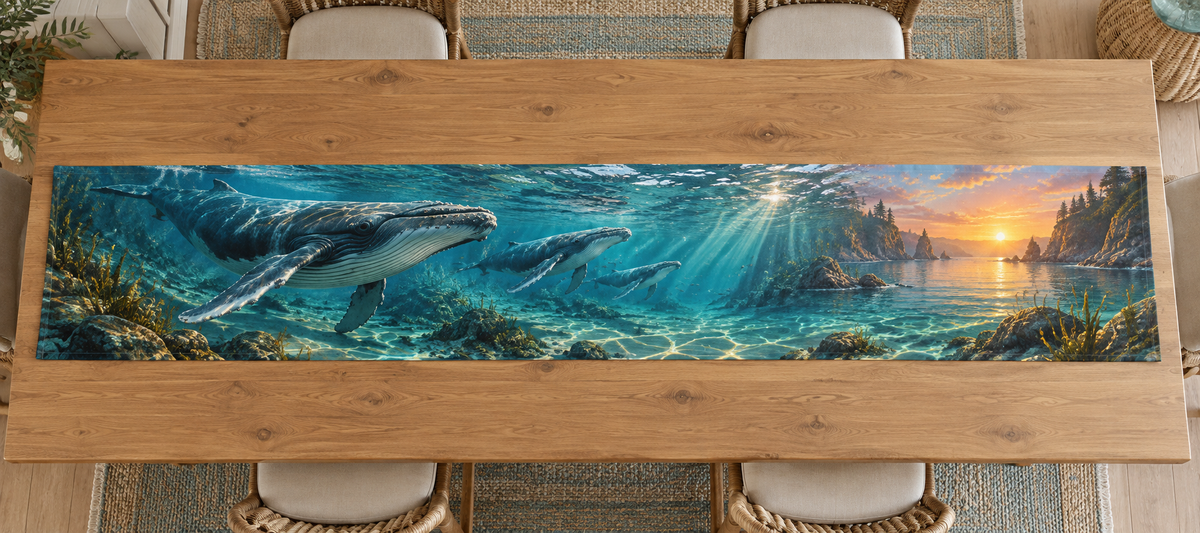 One table runner with original Whale Migration Welcome Cove optical-depth print.