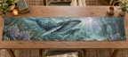One table runner with original Whale Migration Moonlit Sanctuary optical-depth print.