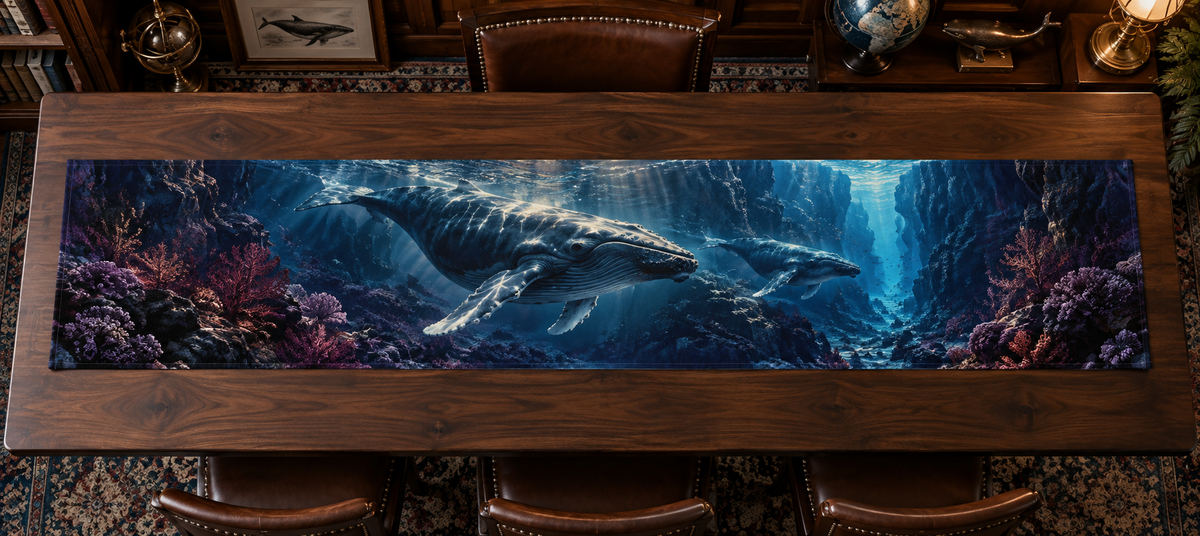 One table runner with original Whale Migration Sapphire Reliquary optical-depth print.