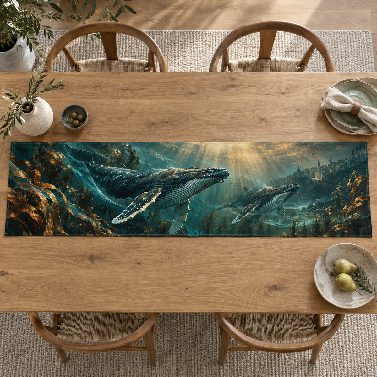 One table runner with original Whale Migration Copper Current Gallery optical-depth print.