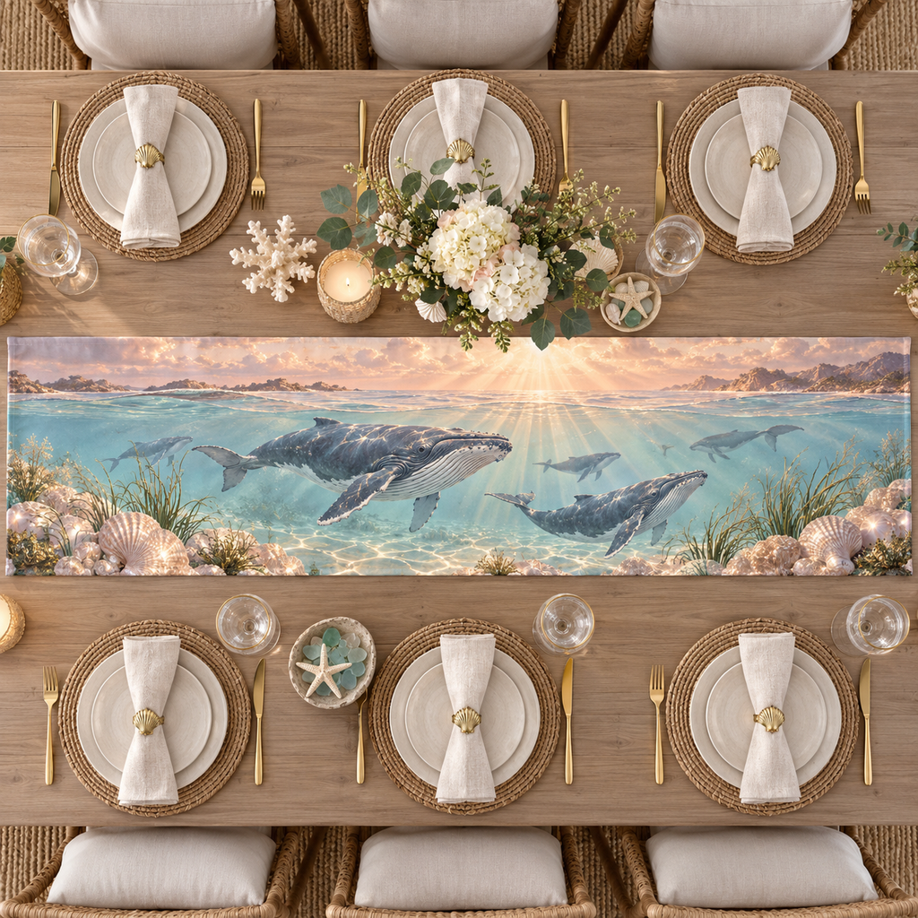 One table runner with original Whale Migration Rosewater Welcome optical-depth print.