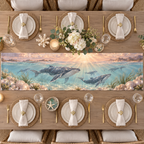 One table runner with original Whale Migration Rosewater Welcome optical-depth print.