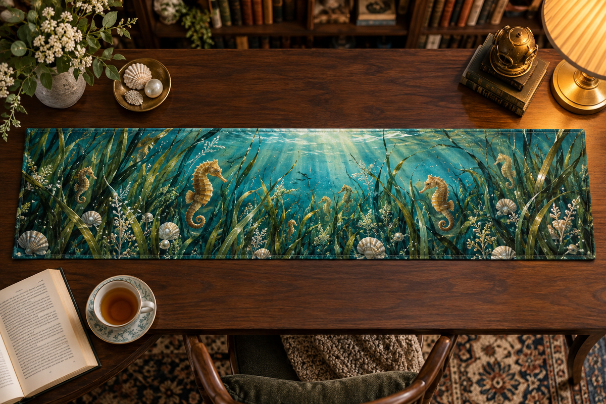 One table runner with original Seahorse Seagrass Lantern Nook optical-depth print.