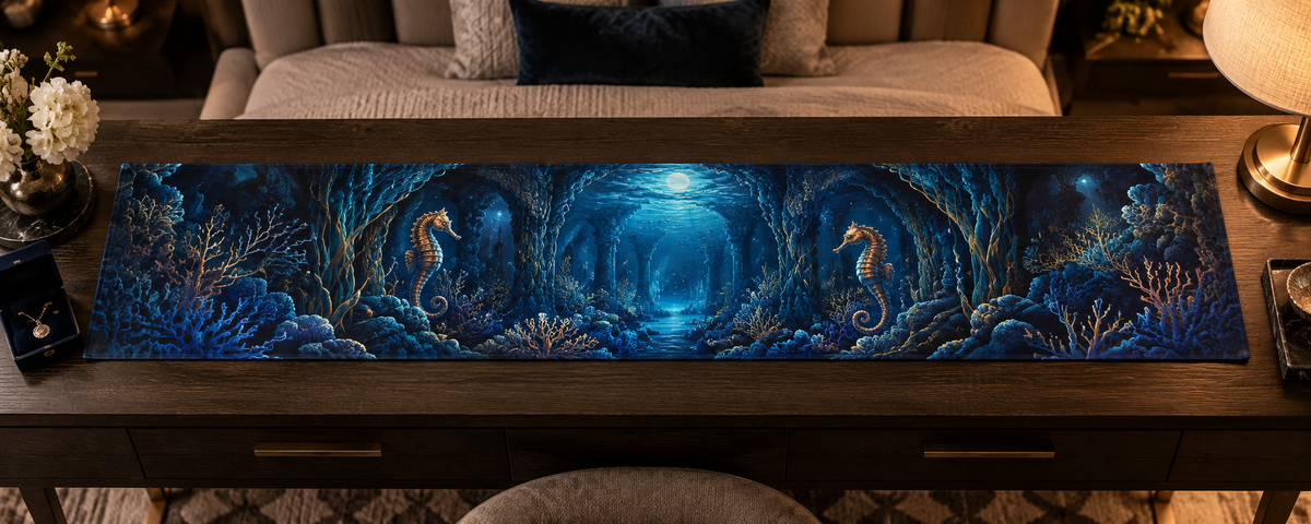One table runner with original Seahorse Moonlit Coral Atrium optical-depth print.