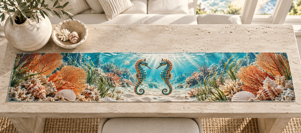 One table runner with original Seahorse Sunlit Reef Salon optical-depth print.