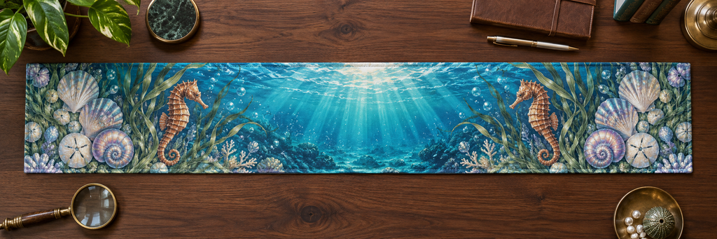 One table runner with original Seahorse Opal Tidal Archive optical-depth print.