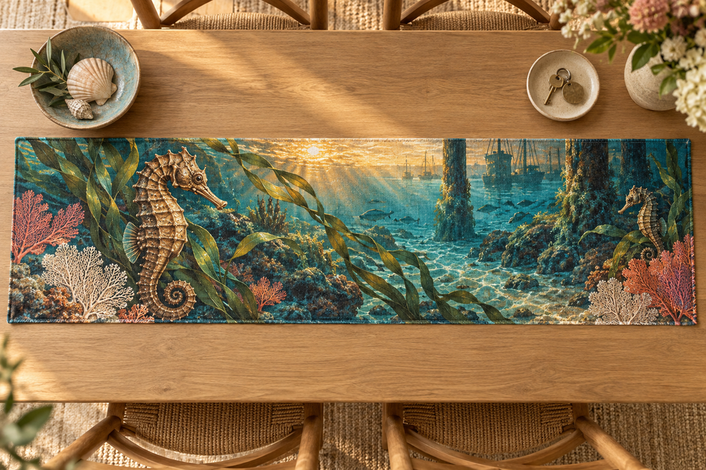 One table runner with original Seahorse Amber Harbor Welcome optical-depth print.