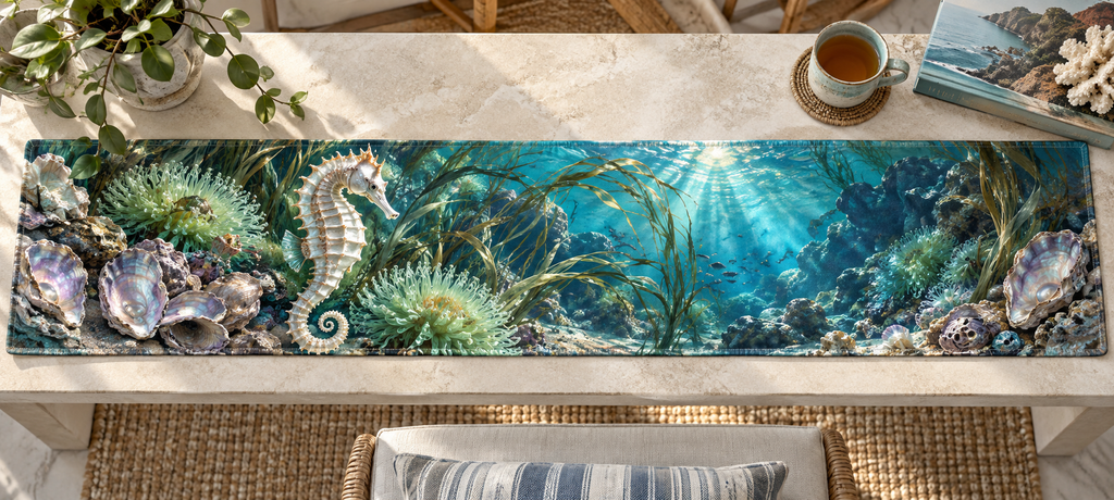 One table runner with original Seahorse Pearl Cove Reverie optical-depth print.