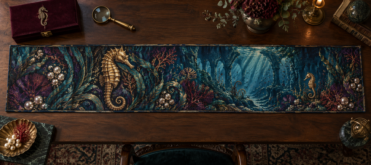 One table runner with original Seahorse Gilded Abyss Cabinet optical-depth print.